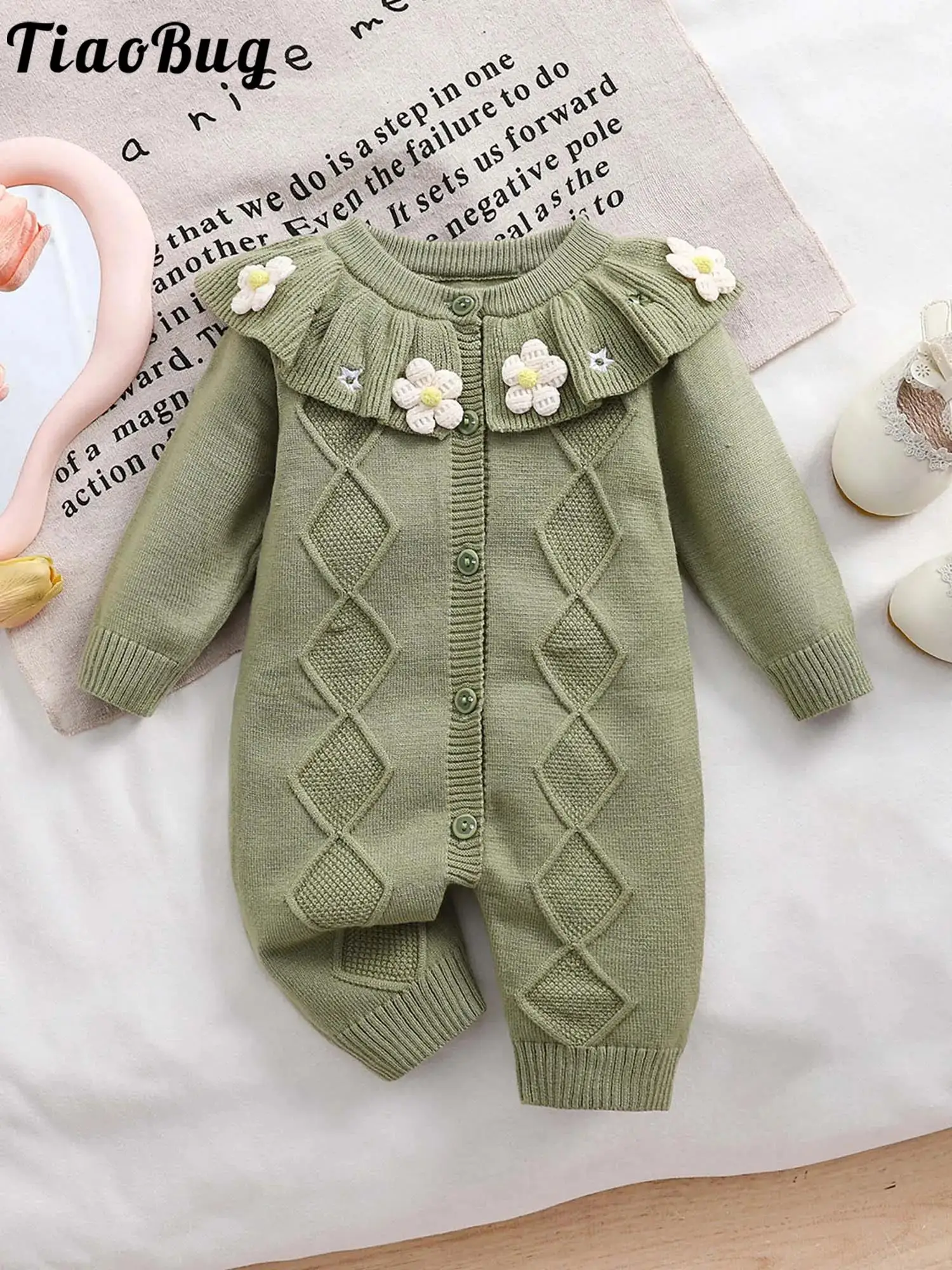 

Infant Baby Girls Cute Flowers Sweater Rompers Ruffled Collar Long Sleeves Knitted Bodysuit Autumn Winter Clothes Daily Wear