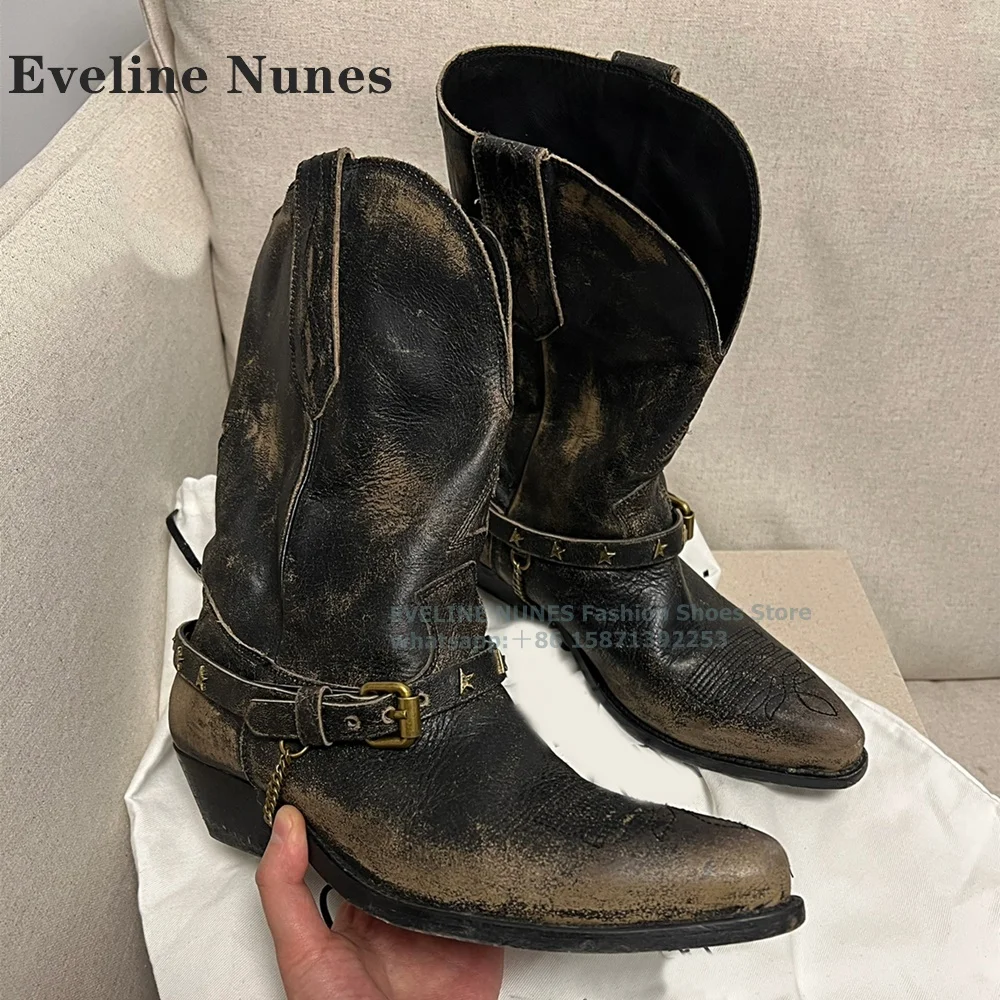 Retro Belt Buckle V-Cut Knight Boots Pointed Toe Block Heel Street Wasteland Style Chain Women Mid Calf Boot Casual 2024 Winter