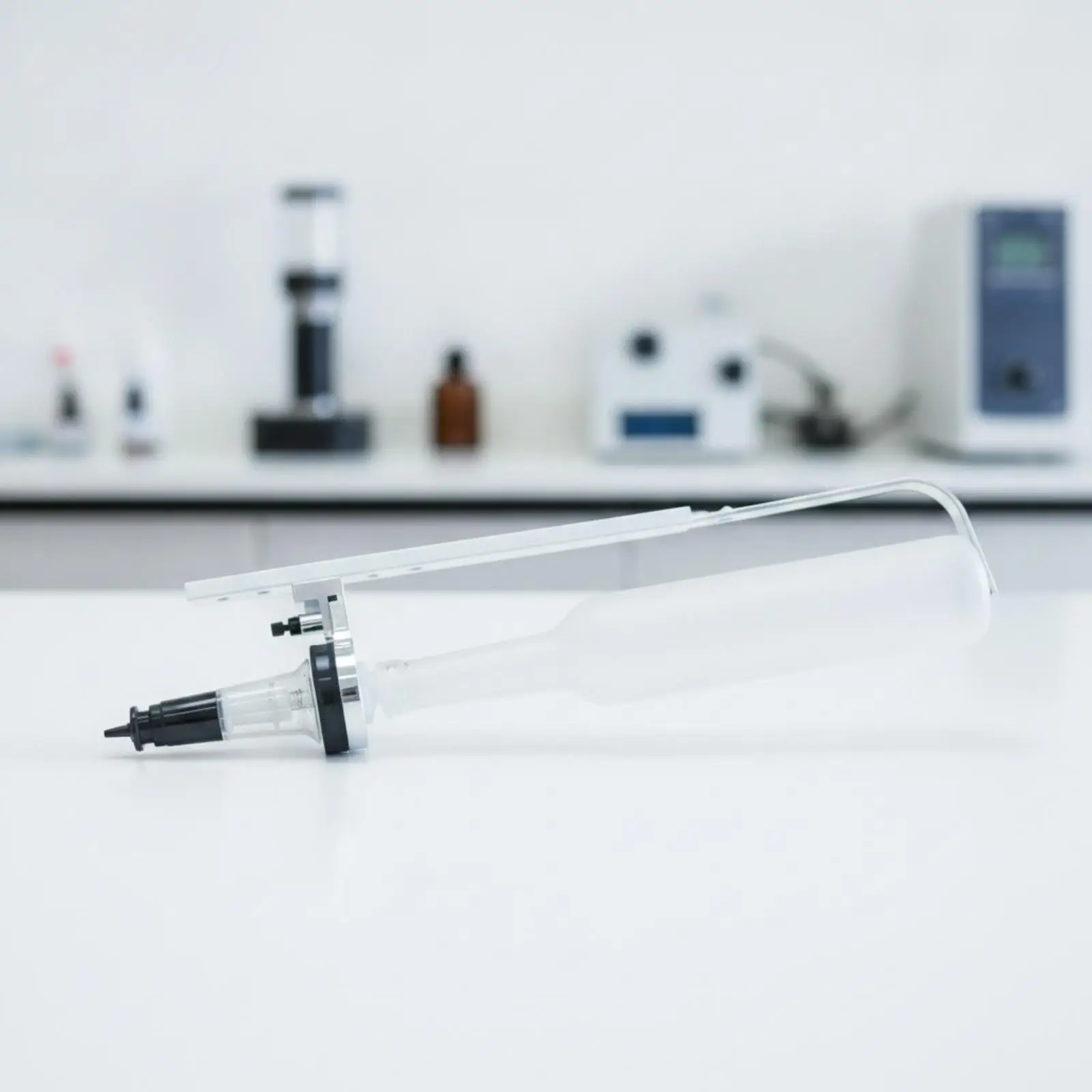 Scent Dispenser Pump Assembly with Silver Rail and Clamp for Perfume Sampling on Retail Counters or Vanity