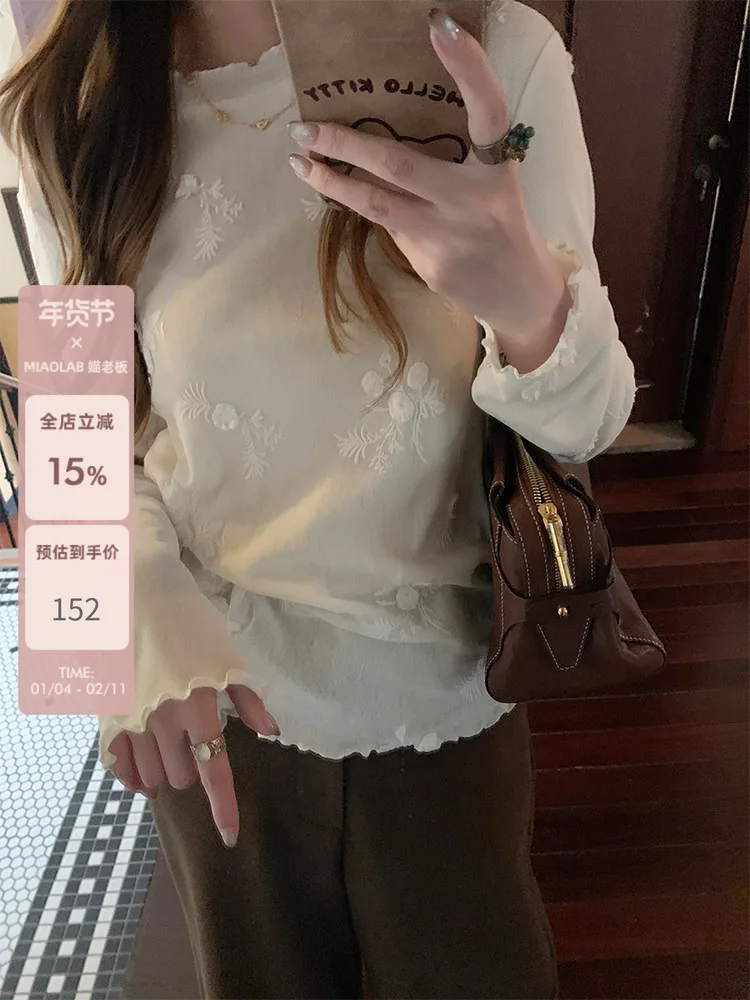 

Женская футболка Miaolab с объемной цветочной вышивкой, круглым вырезом, из сетчатой ткани, дышащая, комфортная, из полиэстера