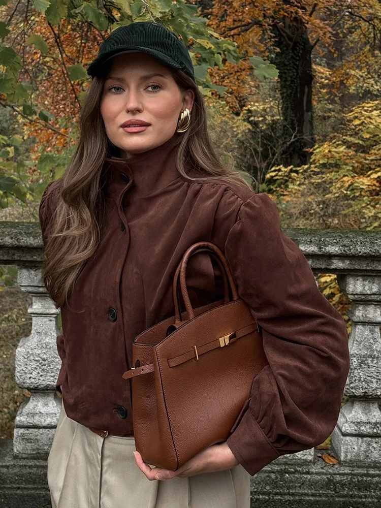 HH Giacca da donna autunno vintage in pelle scamosciata design pieghettato monopetto maniche lunghe giacca dolcevita femminile tasche cappotto corto casual