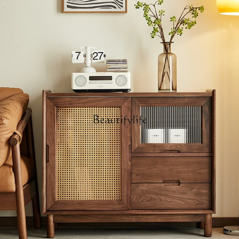 

Nordic solid wood dining side cabinet modern simple North American black walnut rattan glass door locker