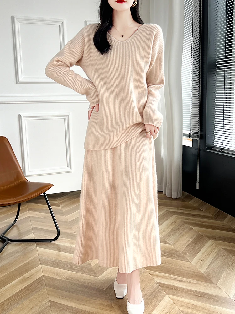 New Women Pullover Skirt Set Autumn Winter Cashmere Sweater 100% Merino Wool V-neck Knitwear Female Grace Skirt Two Pieces Set