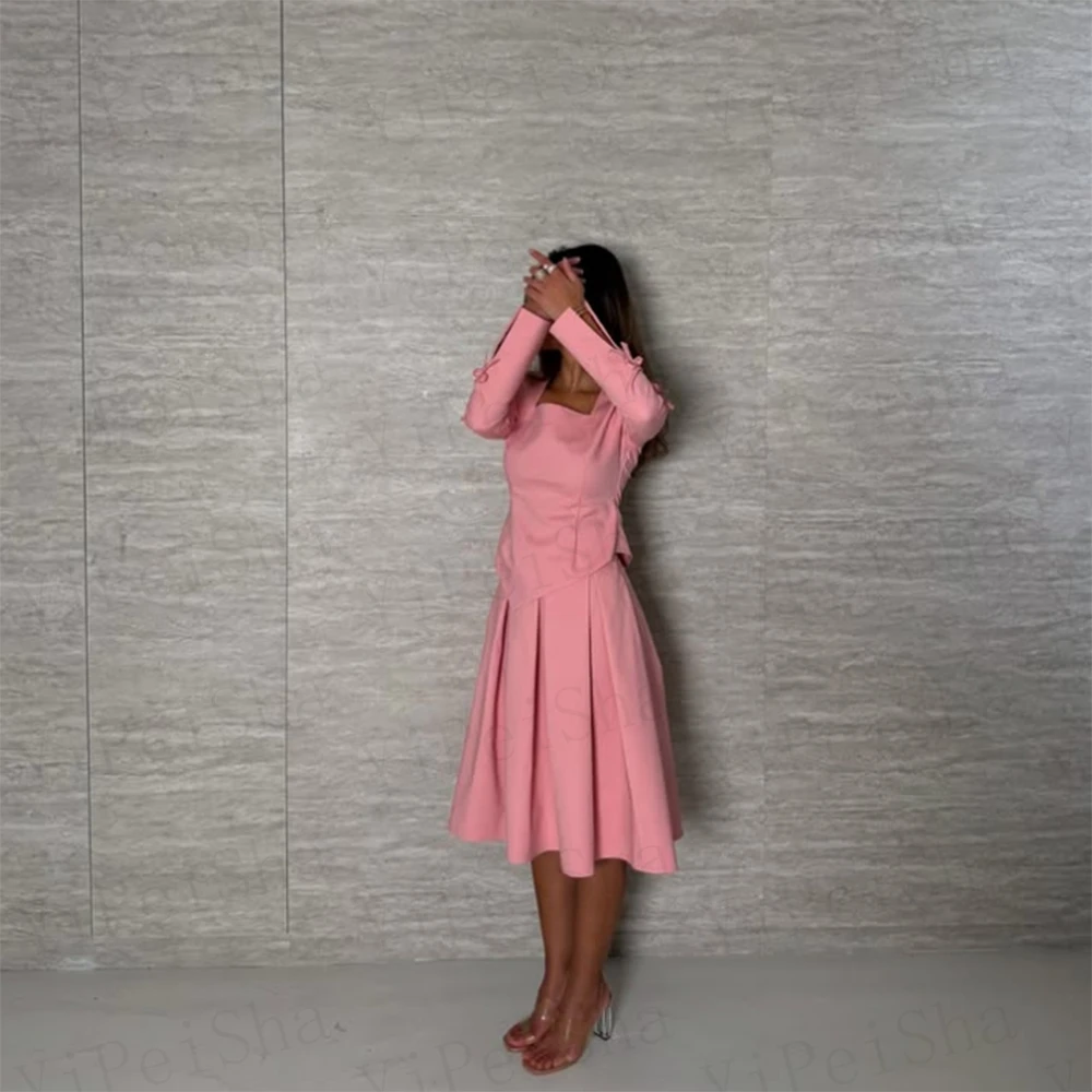 تخصيص الوردي ألف خط فساتين لحضور الحفلات الموسيقية طول الركبة ساحة طوق كم كامل ثوب مسائي بسيط ثنيات موضة القوس ثوب الحزب #3