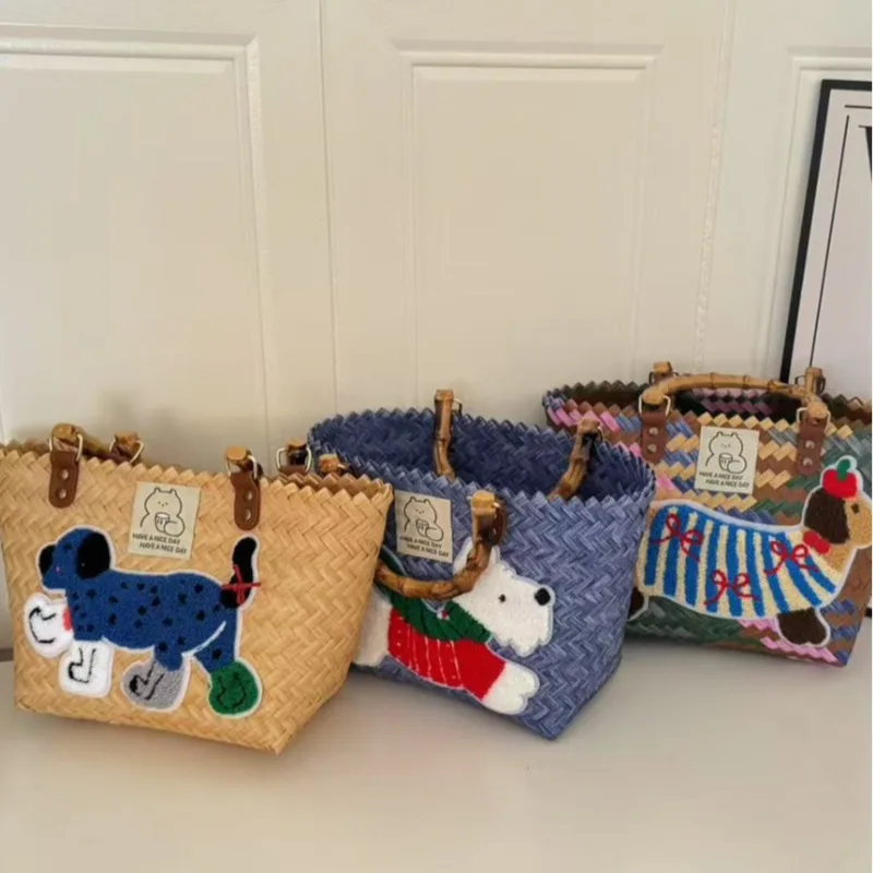 

Casual Rattan Woven Bags For Women 2025 New Large Capacity Dog Embroidery Pattern Basket Tote Picnic Vacation Shopping Handbag