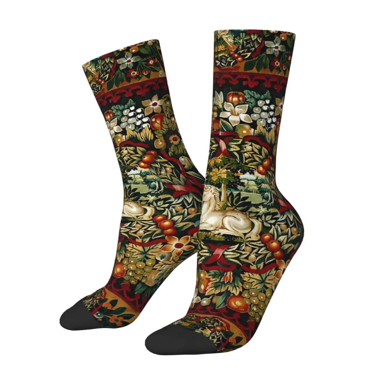 Calzini a compressione da uomo con arazzo floreale Vintage medievale unicorno Unisex modello Harajuku stampato novità Crew Sock