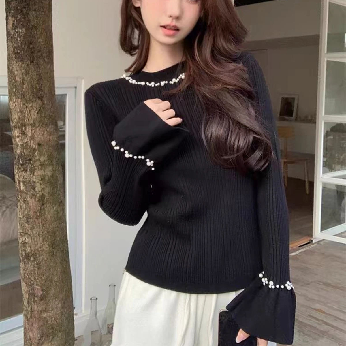 

Autumn Winter flare Sleeve half Turtleneck Knitted Sweater Female korean Casual Pullover Jumper Slim Tops Women Beading Sweaters