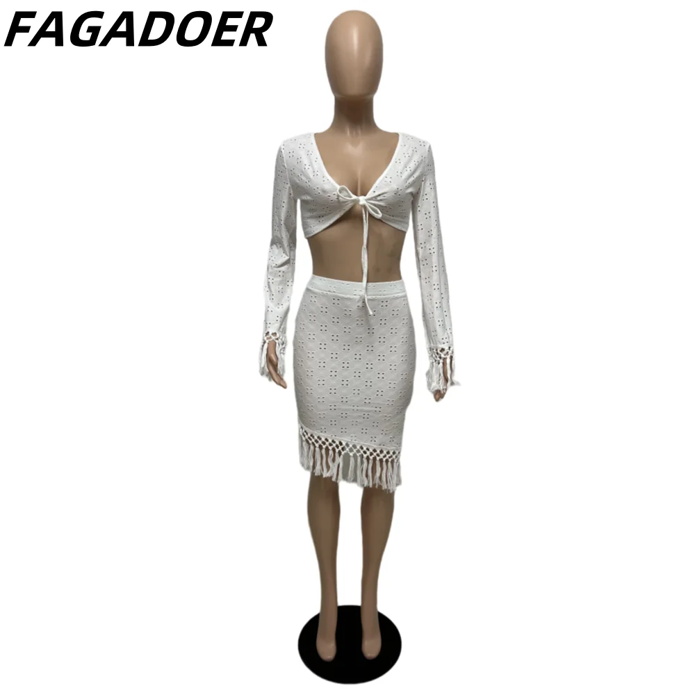 FAGADOER-Conjunto de dos piezas para mujer, Top corto de manga larga con escote en V profundo, falda con borlas irregulares, Color sólido, Sexy