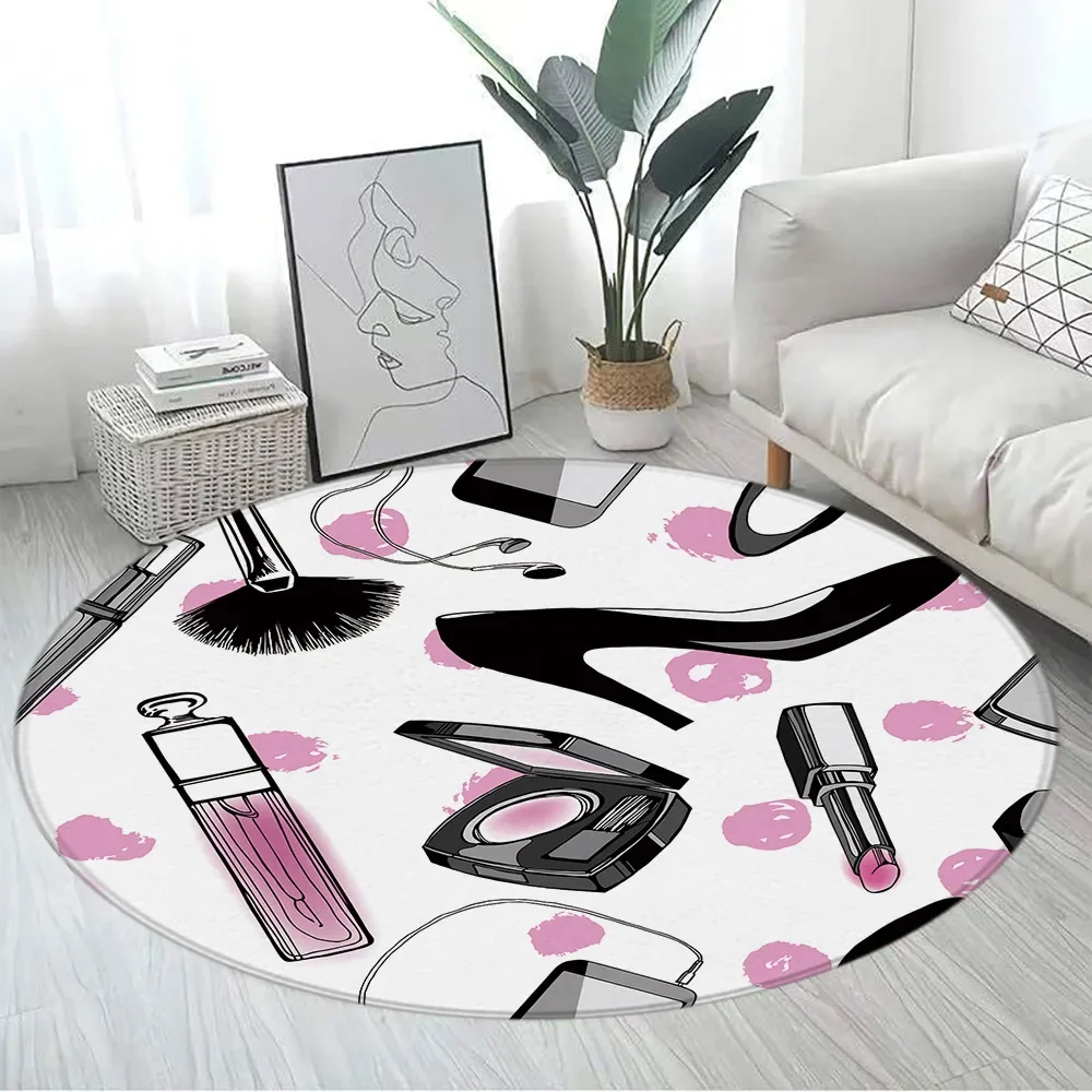 Pink Beauty Makeup Room Pattern Round Area Rug Glam Home Decor Floor Cover for Bedroom Dressing Area Lounge Studio