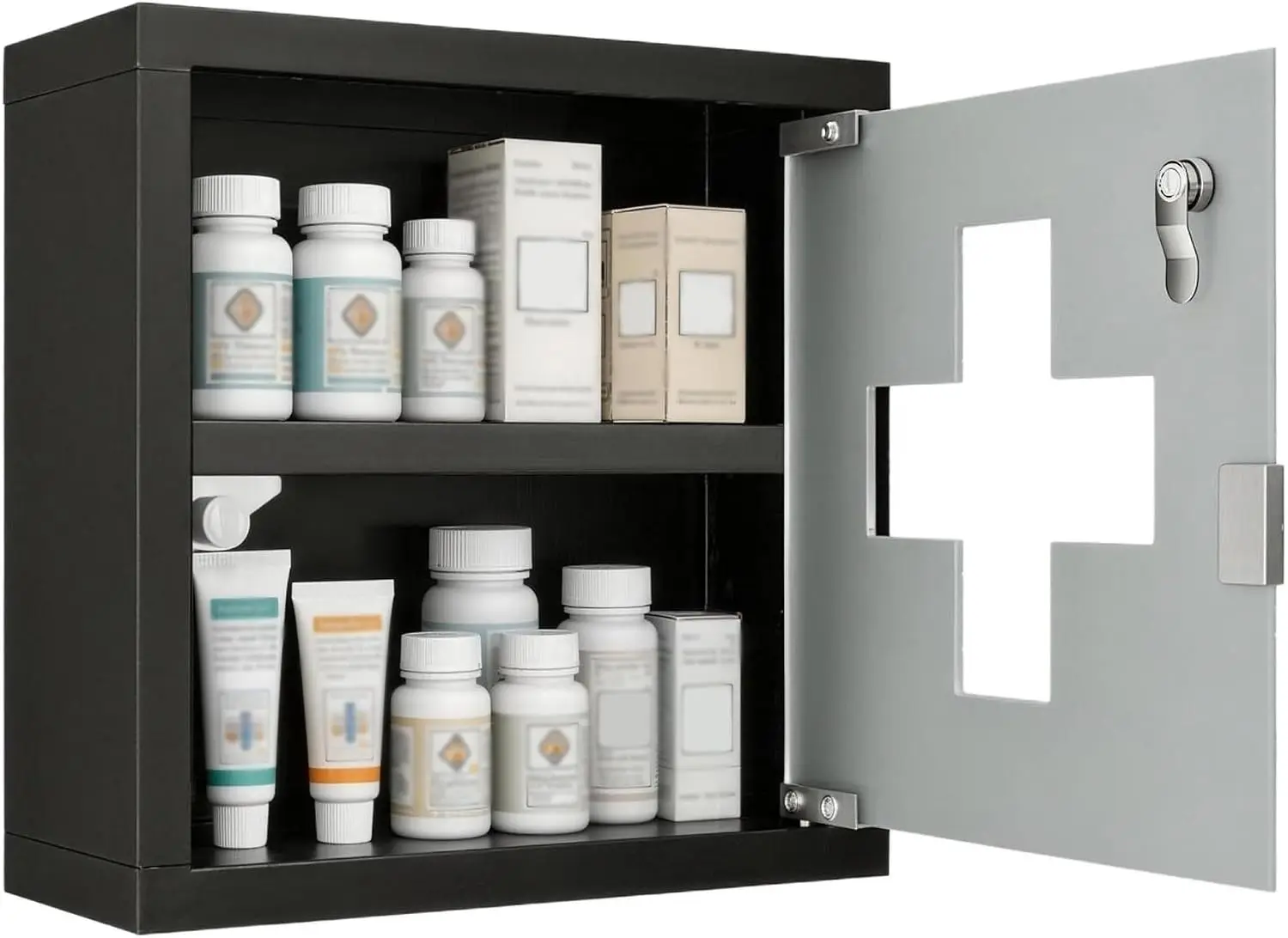 Armadietto per medicinali in acciaio inossidabile, con 2 scomparti, dotato di serratura, con anta in vetro e 2 chiavi, armadietto da parete per la conservazione di medicinali, colore nero.