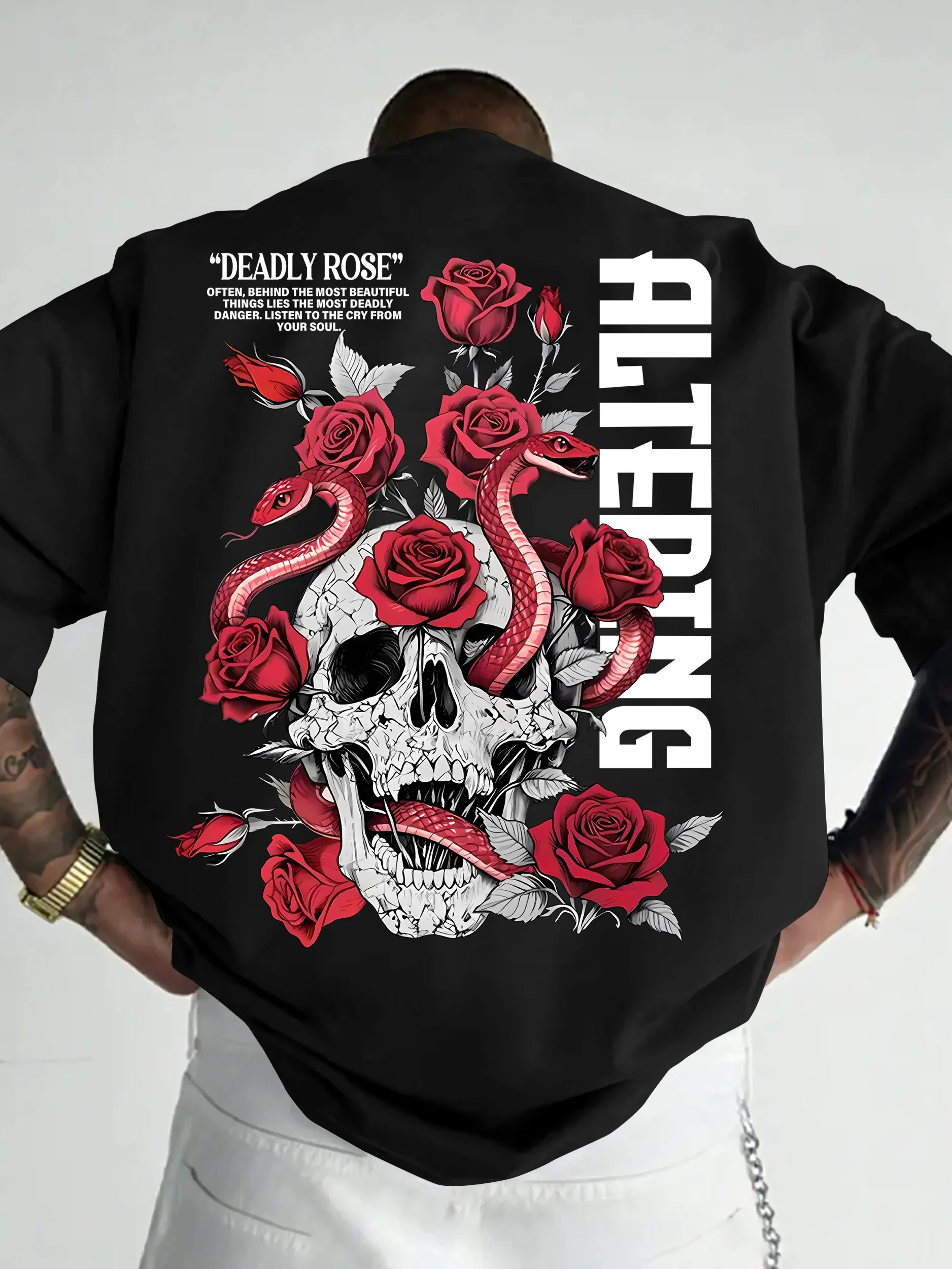 Deep Abyss Roar Men’s Casual Sport Streetwear Y2K Skeleton with Rose and Snake Element Print Trendy Short-Sleeve T-Shirt