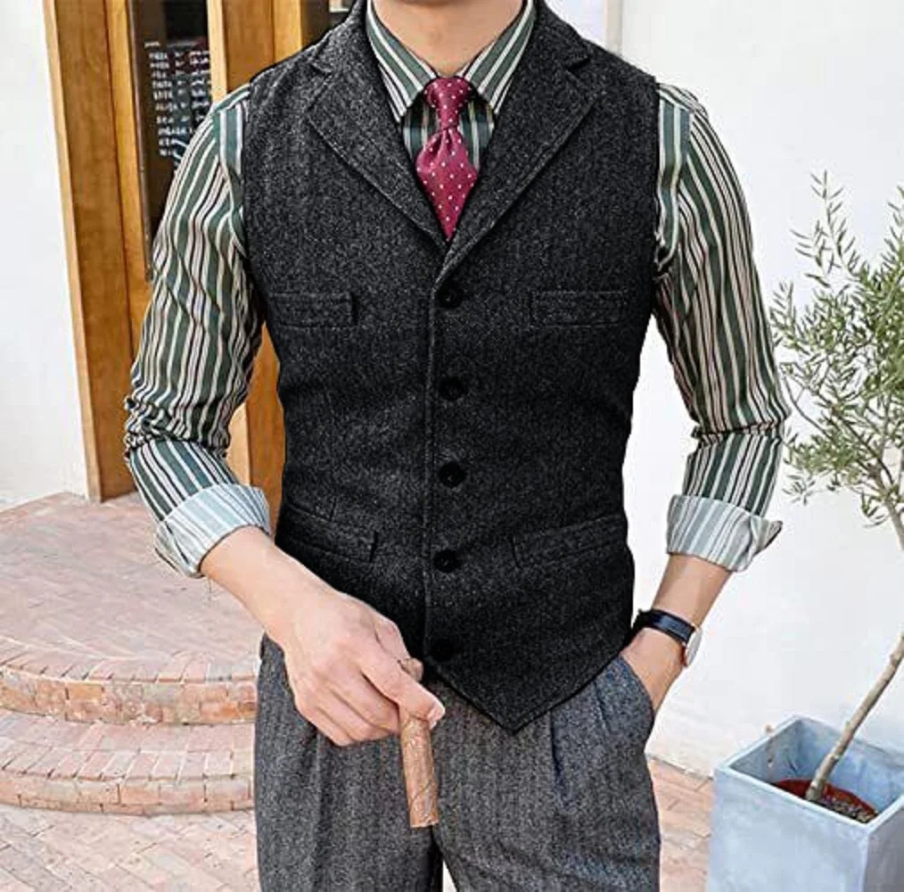 Men's Single Breasted Coarse Tweed Wool Vest Formal Clothes Man Retro Wedding Party Ball Vest Men's Knitted Vests Work Suits