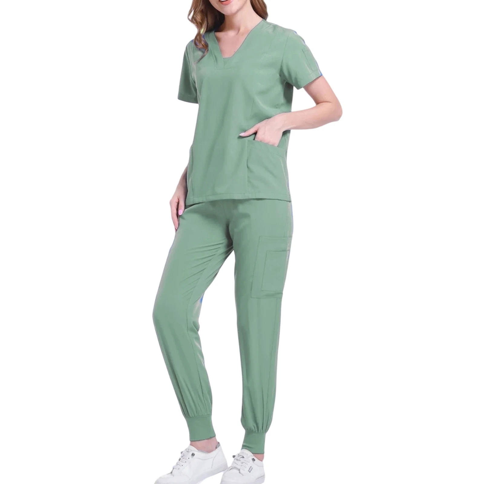 女性用ナーススクラブセット Vネック 半袖 マルチカラー ゆったり 快適 多ポケット 医療ユニフォーム 医療作業服