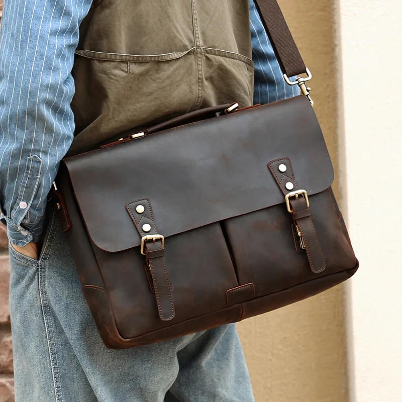 Real cowhide shoulder bag, crazy horse leather handmade crossbody bag, computer bag, vintage handheld briefcase, casual boutique