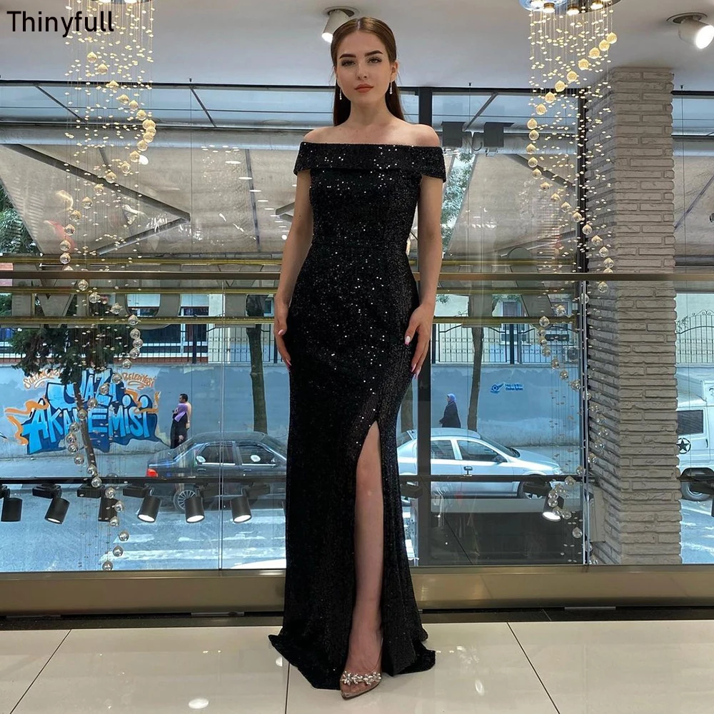 

Thinyfull Mermaid Black Sequin Prom Dress Off Shoulder Evening Party Dress Long Split 2023 Elegant Formal Occasion Gowns