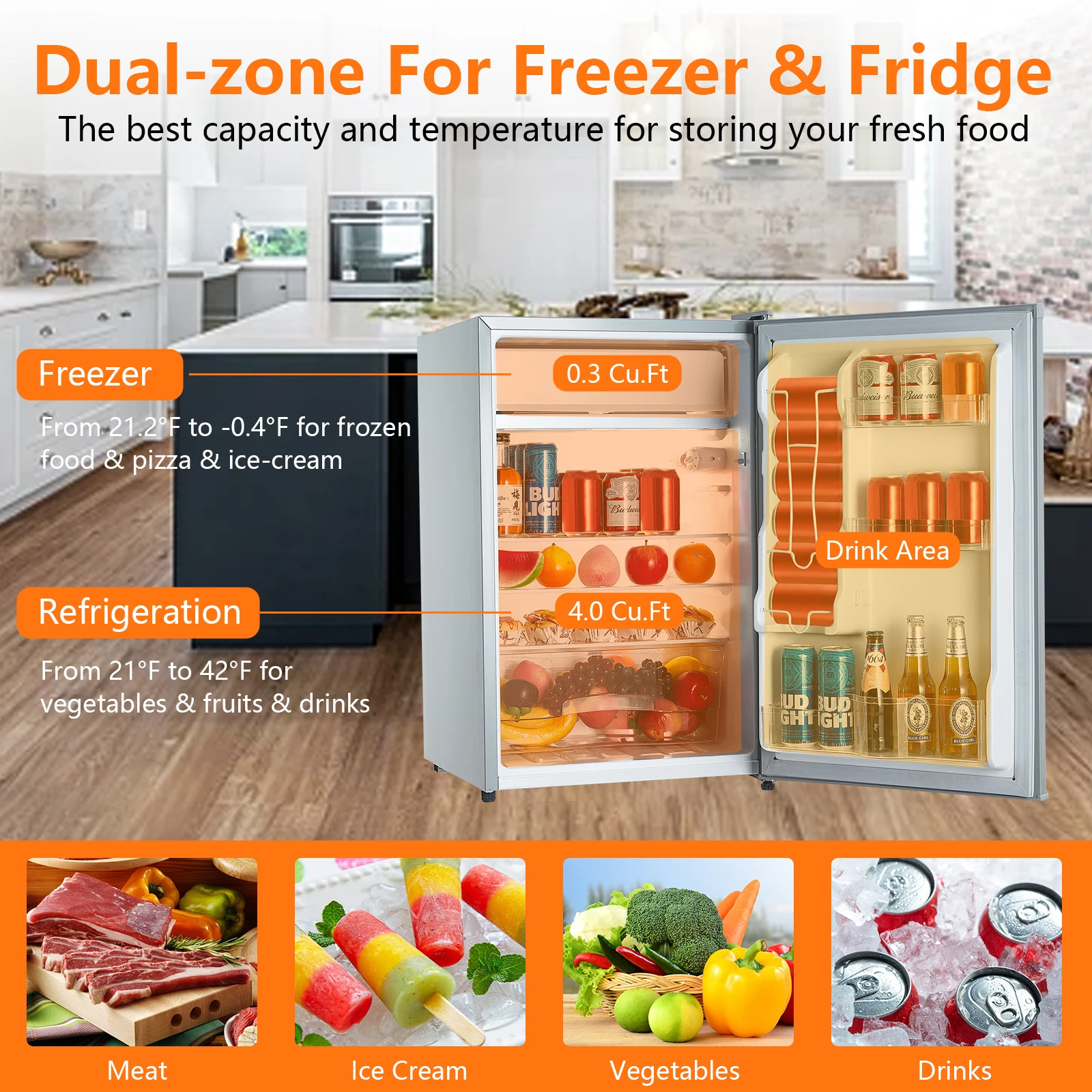 Mini refrigerador de porta única com freezer, 7 configurações de temperatura, geladeira compacta para apartamento, quarto, escritório, dormitório, 4,3 pés