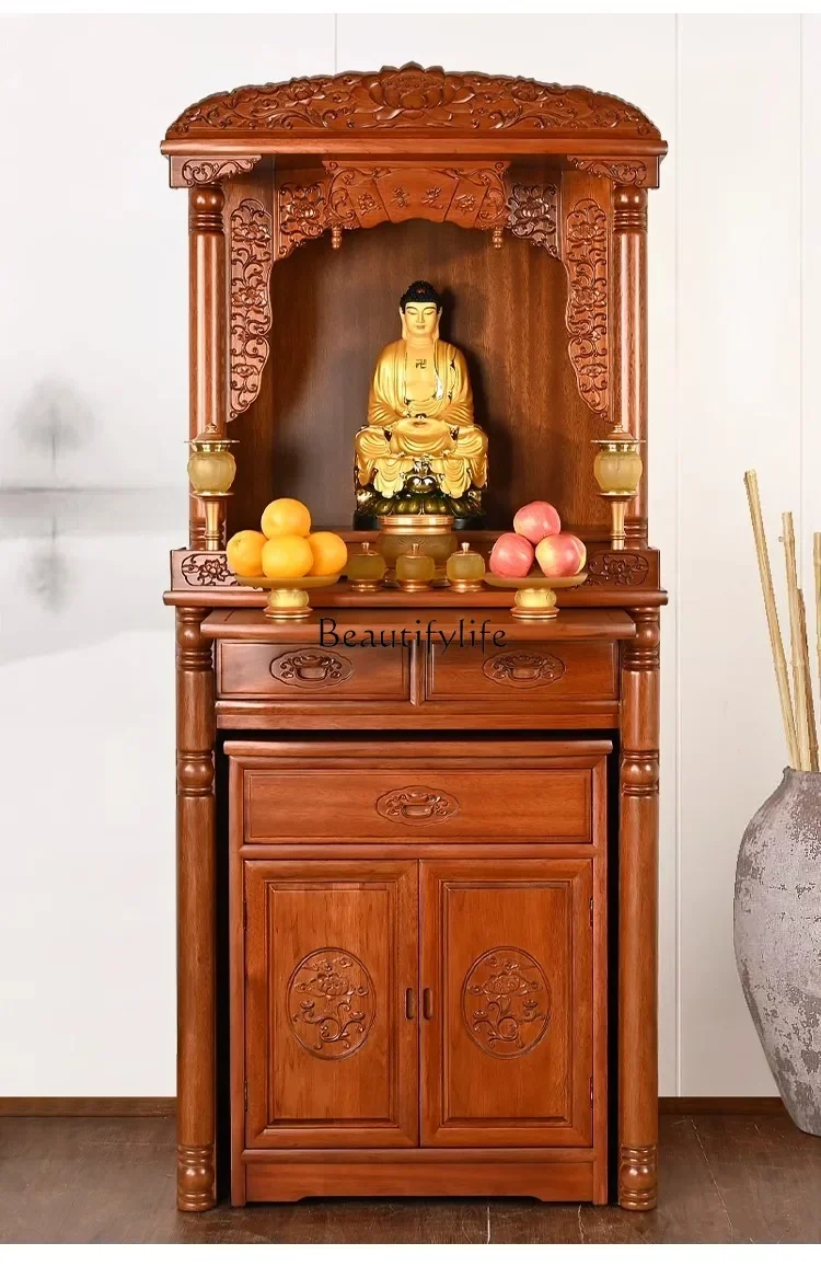 

yj5Red sandalwood solid wood Buddhist niche offering table household Buddha offering cabinet New Chinese style