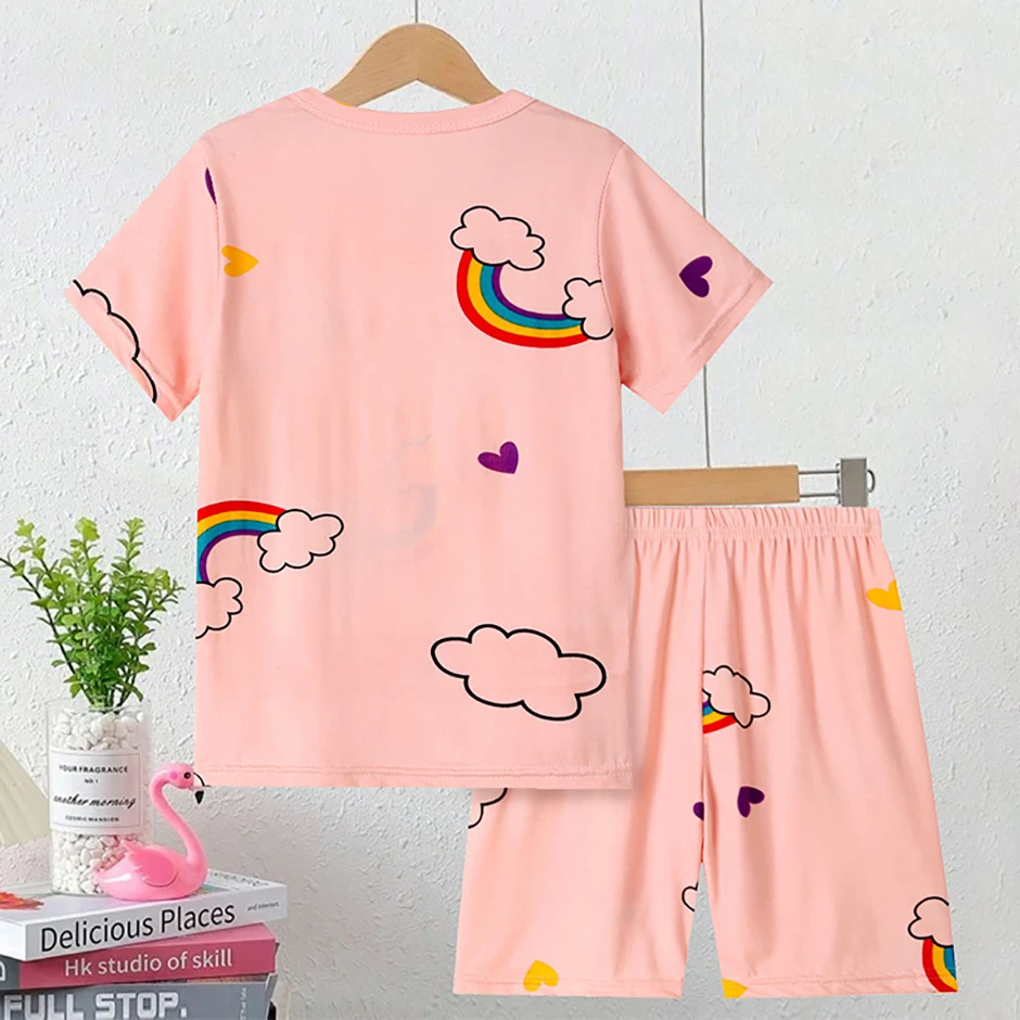 2-tlg. Kinder Sommer Mode Druck Hause Kleidung Anzug Junge Bequeme Joker Dinosaurier Kurzen ärmeln Mädchen Süße Rosa shorts Anzug – Detail 7