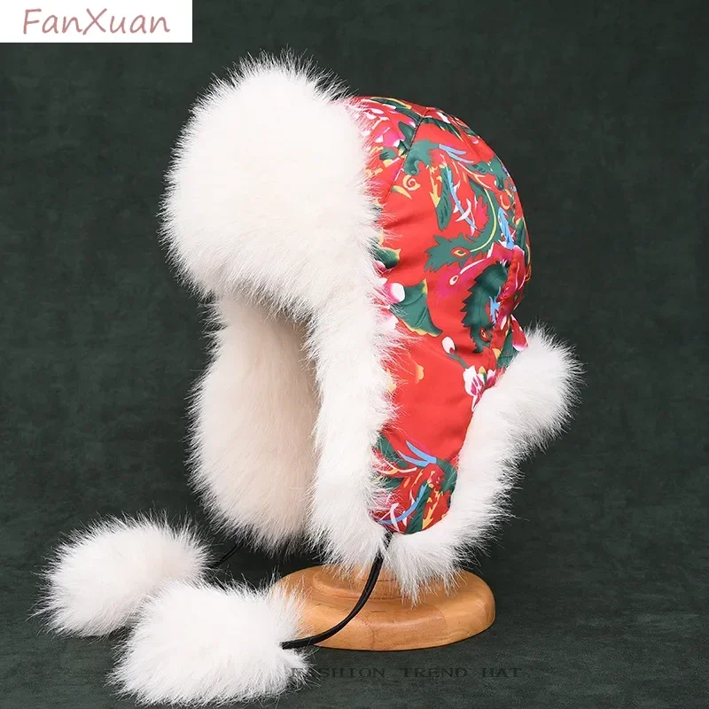 Faux Fur Bomber Hats for Women Winter  Hats with Earflaps Cute Pompom Chinoiserie Flower Print Skiing Cap Russian Style