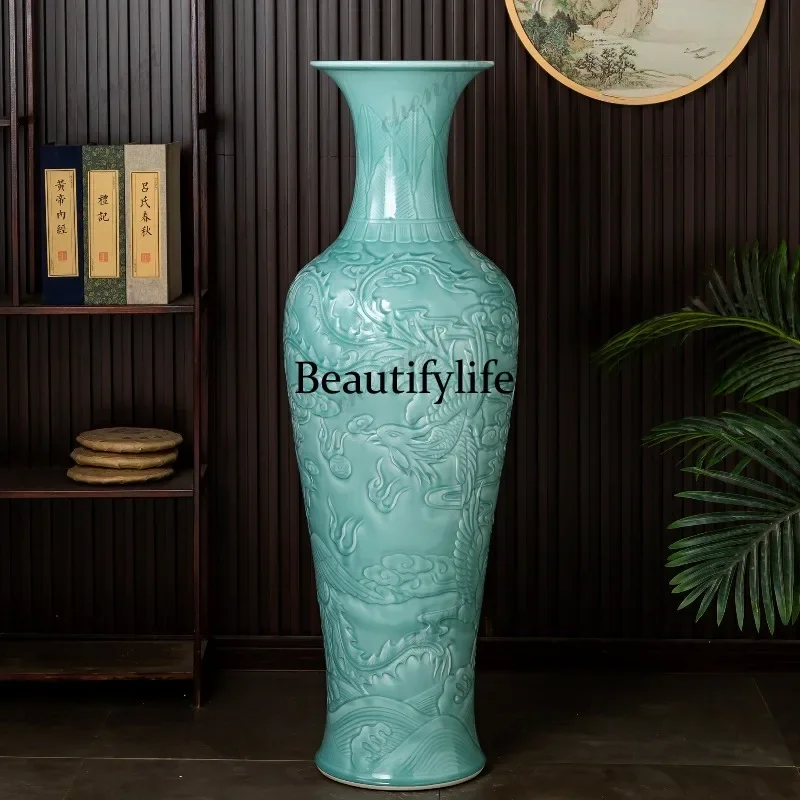 01A Jingdezhen ceramics sapphire glaze hand-painted new Chinese floor-to-ceiling vase celadon ornament