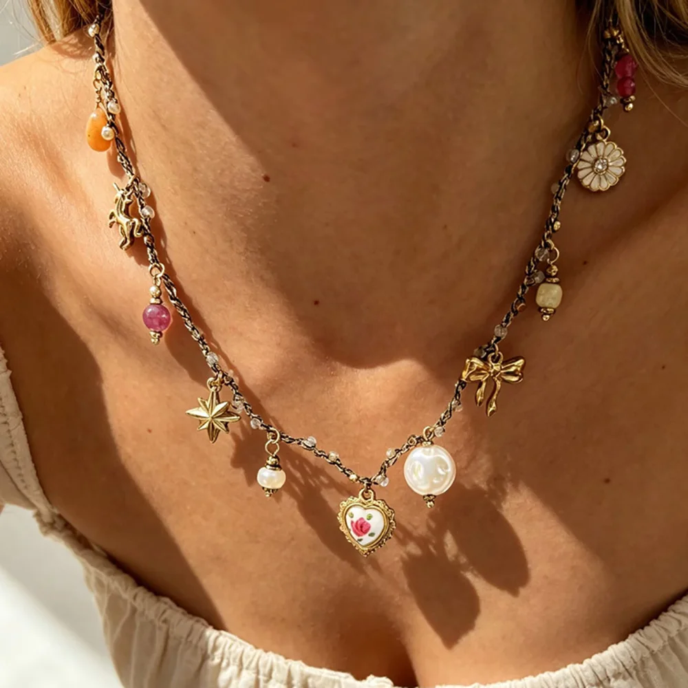 

Stainless Steel Love Imitation Pearl Enamel Acrylic Pendant Necklace Women's Personalized Creativity Collarbone Chain Jewelry