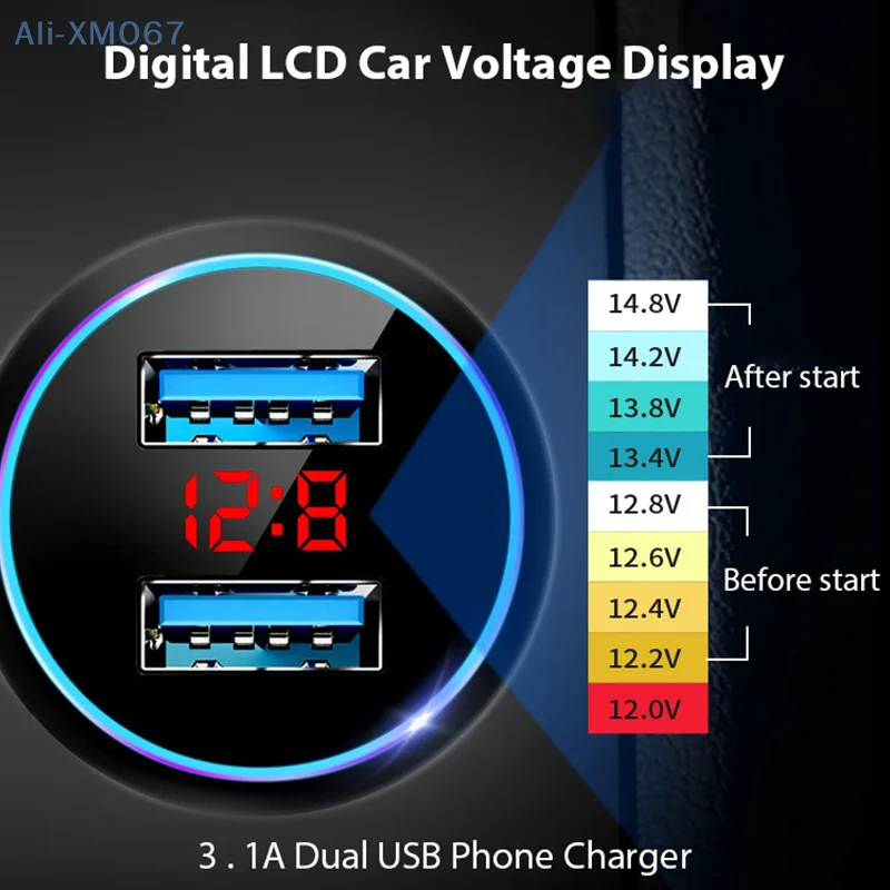 Dual USB Socket 3.1A Phone Charger Cigaretter Light Plug Power Adapter 2 Ports USB Digital LCD Voltage Display for 12V 24V Cars