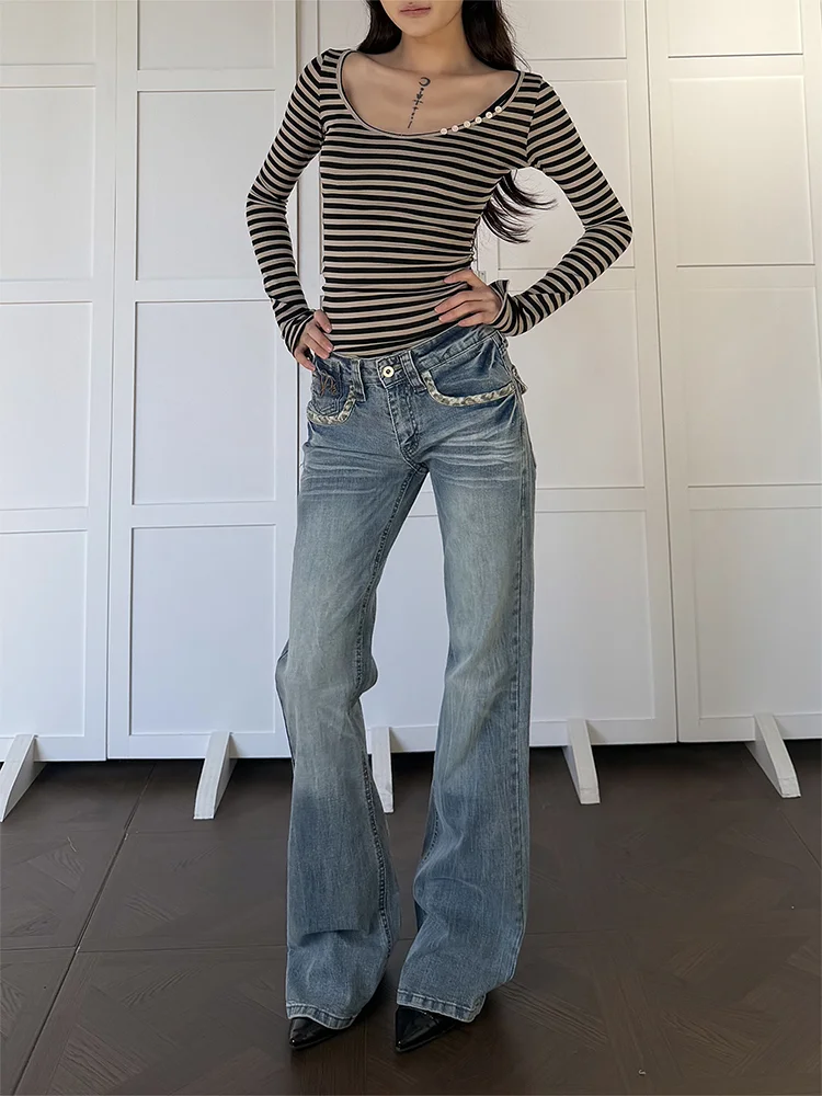 

plus Size American Style Washed Denim Pants Leopard Print Patchwork Straight Leg Floor-Length Trousers Trendy Versatile Women...