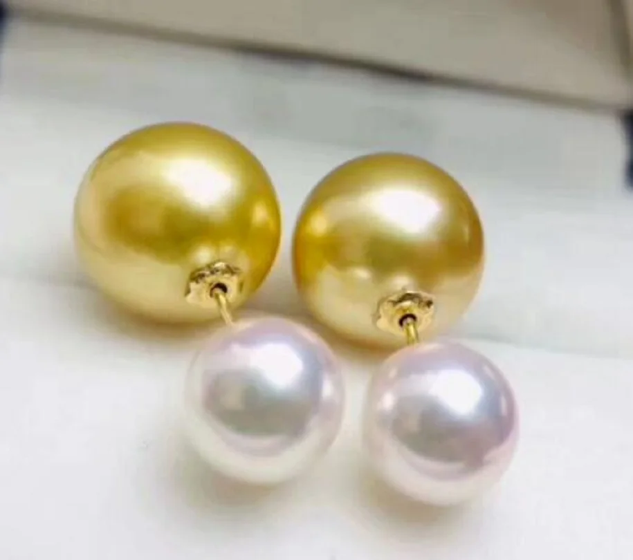 Gorgeous AAAAA 7-8mm 10-11mm Natural Round White Gold Pearl Earrings 18K Gold-