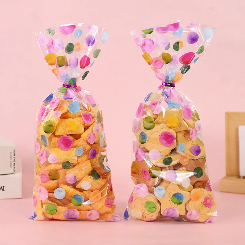 

50pcs Rainbow Polka Dot Printed Candy Bags Plastic Chocolate Biscuit Bag For Wedding Party Baby Shower Birthday Favors Gifts Bag