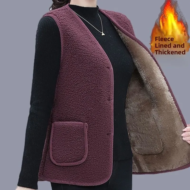 Lamb Fur Vest Women's Mom Autumn Winter Thickened Flocking Warmth Back Heart Elderly Women's Particle Fleece Thermal Shoulder...