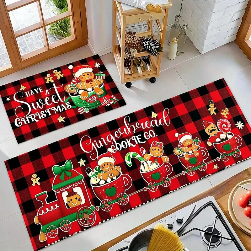 VIKAMA Sweet Christmas Gingerbread Runner Carpet, Buffalo Plaid Gingerbread Man Cup Pattern Non Slip Washable Long Rug