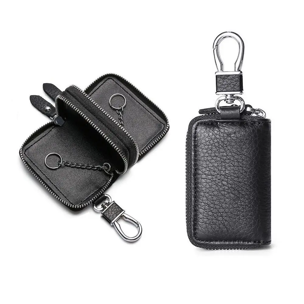 Leather Car Key Case Multifunctional Double Pocket Car Keychain Bag Zipper Closure Solid Color Key Holder Wallet Car Use
