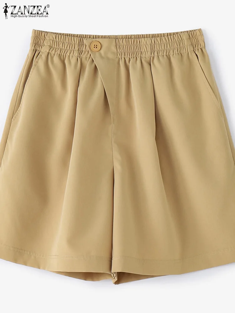 ZANZEA 2025 الصيف موضة السراويل النساء مرونة الخصر جيوب غير رسمية بنطال ذو قصة أرجل واسعة فضفاضة بلون خمر بنطلون بنطلونات #5