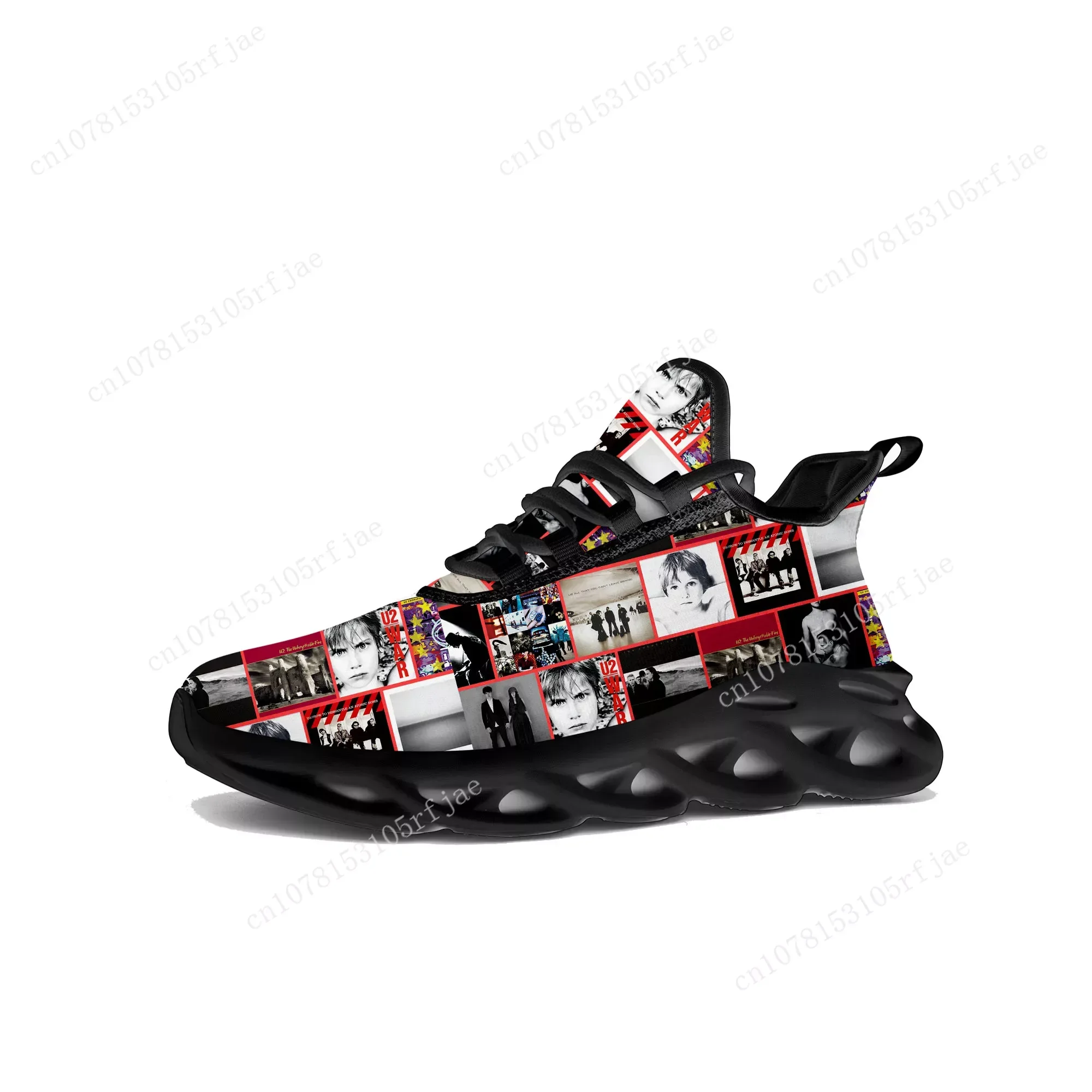 U2 Rock Band Flats Zapatillas de deporte para hombre y mujer, moda Punk, calzado deportivo para correr, calzado de malla con cordones, zapato hecho a medida negro