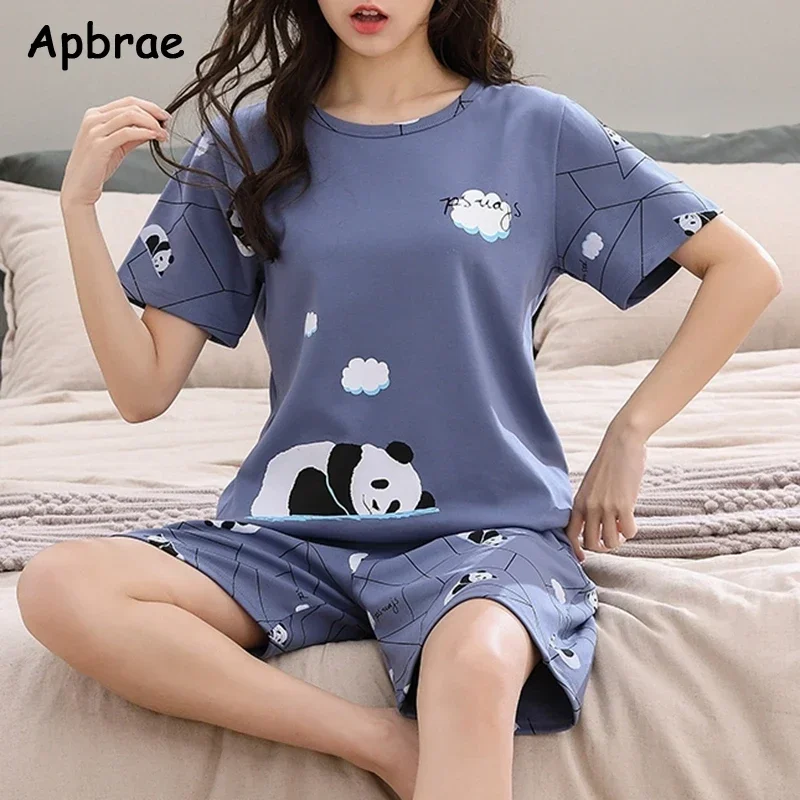 Apbrae Summer Cotton Short Sleeve Pajamas for Women Cute Cartoon Pajama Fashion Sleepwear Woman Pyjamas Ladies Loungewear