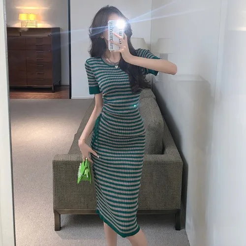 Casual O Neck z krótkim rękawem z dzianiny zielony pasek sukienka Bodycon proste szczupłe kobiety sznurkiem Vestidos De Mujer Sexy sukienki