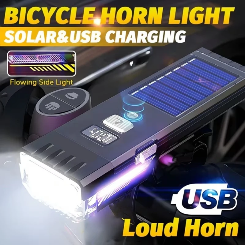 Evening Travel Front Lamp with Solar Plate, Tap Pad, and Bar Mount Form, Black Shell Bike Road Light for Lane Use 24BD