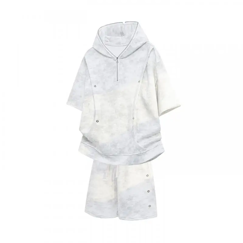 

Men's Half Zip Hoodie and Shorts Set Vintage Acid Wash Gradient Short Sleeve Pullover Set Streetwear Loose Fit Distressed 2 PCS