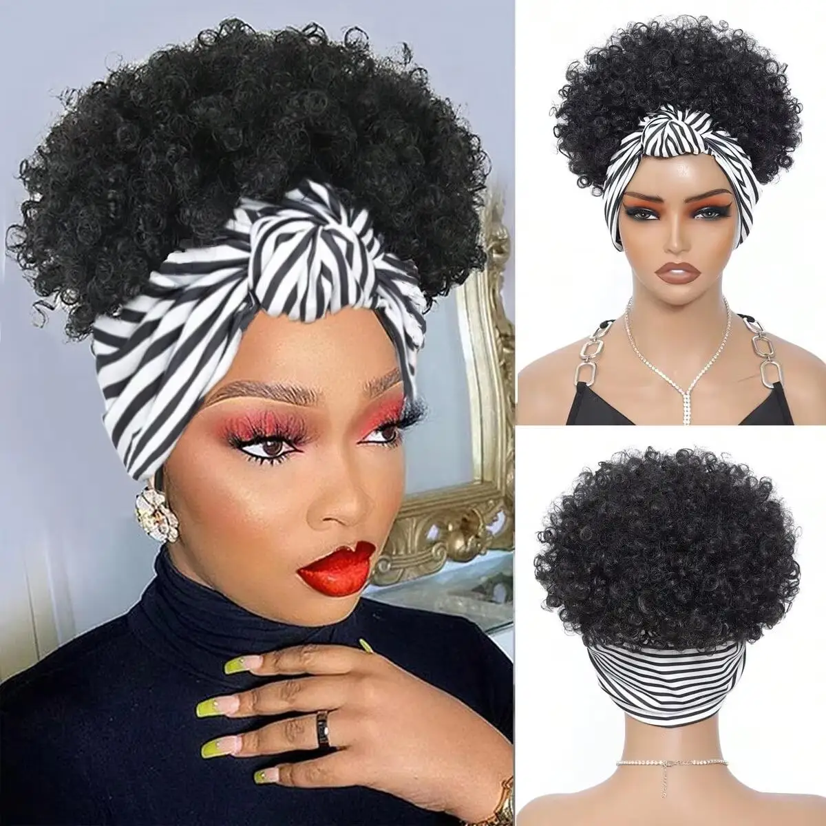 المرأة الأفرو شعر مستعار شديد التجعد مع الاصطناعية خصلات الشعر المستعار القصير مع عقال المرفقة حك الباروكات غريب مجعد عقال شعر مستعار