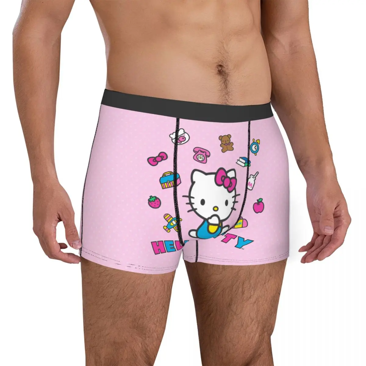 Custom Pink Cute Hello Kitty Boxers, Roupa Interior Novidade, Boxer Shorts, Mordaça Ultra Macia, Colcha, Acessórios Homem