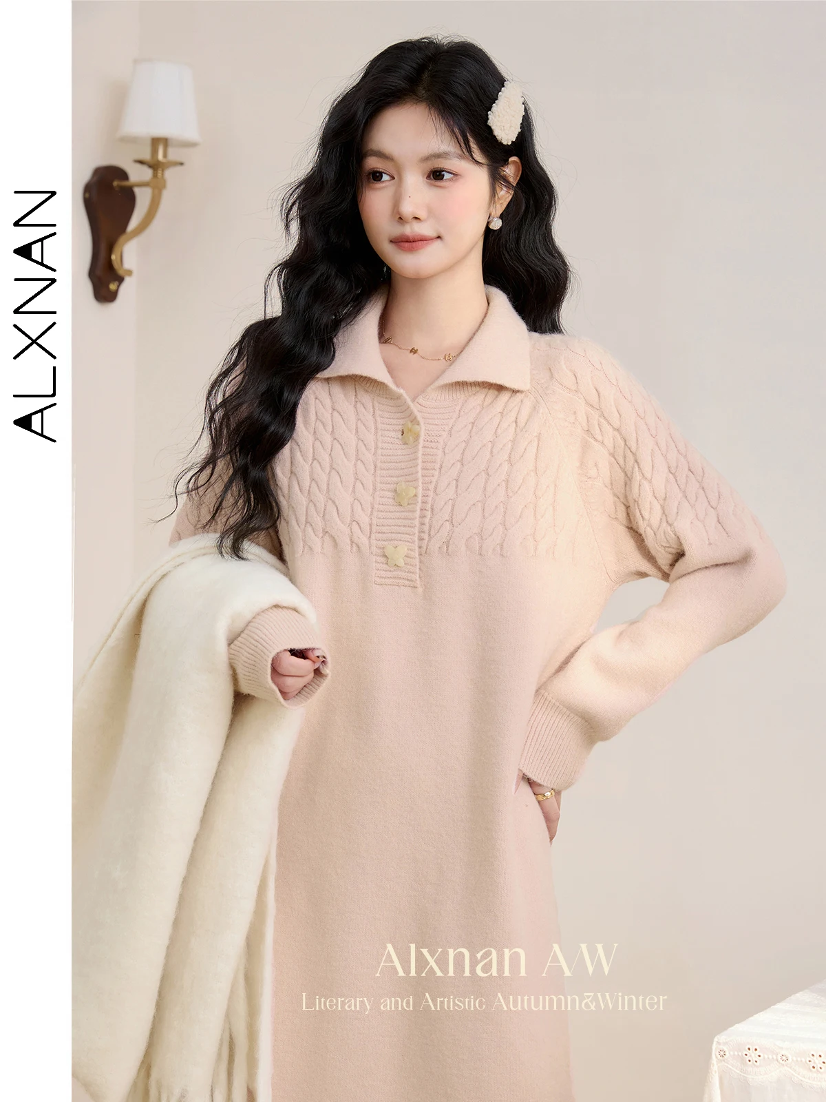 

ALXNAN Women's Knitted Dress Pink Lapel Loose-fit Long Dress 2025 Autumn Winter Elegant Office Lady Long Sleeve Clothing L51809