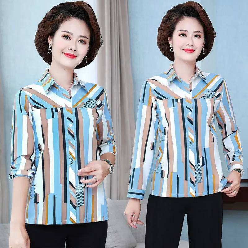 

Middle Aged Mother's Long Sleeved Shirt Stylish Women's Striped Shirt Middle-aged and Elderly Plus Size Top