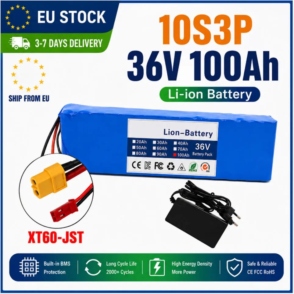 36V 100Ah Lithium-Akku mit großer Kapazität, 18650-Akkupack, 10S3P XT60-JST-Stecker, 1000W Leistung, eingebautes BMS für E-Bike, modifiziertes Fahrrad, Elektroroller, Elektrofahrzeug, Lager in Polen,