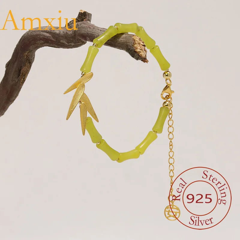 

Amxiu, стерлинговое серебро 925, новый китайский браслет с зеленым листом и бамбуковым узлом, художественный стиль, красивые натуральные украшения