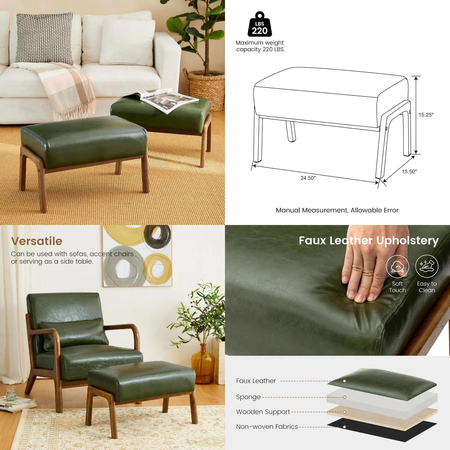 

Hunter Green Leatherette Ottoman Set 2 Rubber Wood Frame Footrest Bench Living Room Entryway, Customized