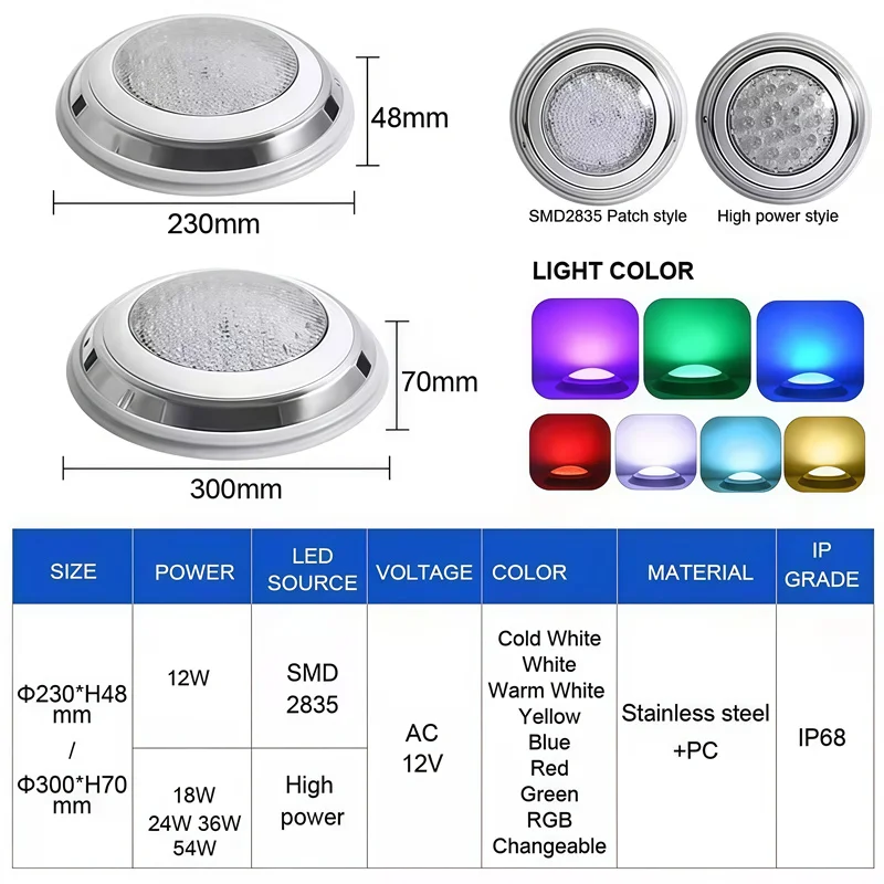 LED Swimming Pool Light 12W 18W 25W 35W 54W Underwater Lighting Remote Control RGB Spotlight IP68 Waterproof Pond Aquarium Lamps