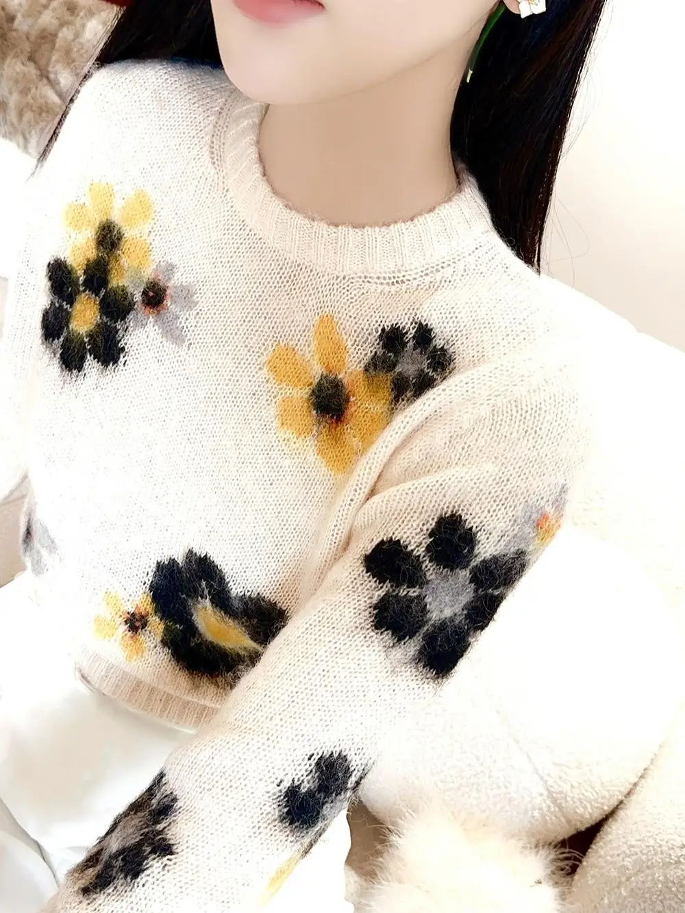

Ele Flower Pattern Camere Sweater Women's Premium Knitted Long Sve round Ne Warmth Autumn Winter Faion Agel