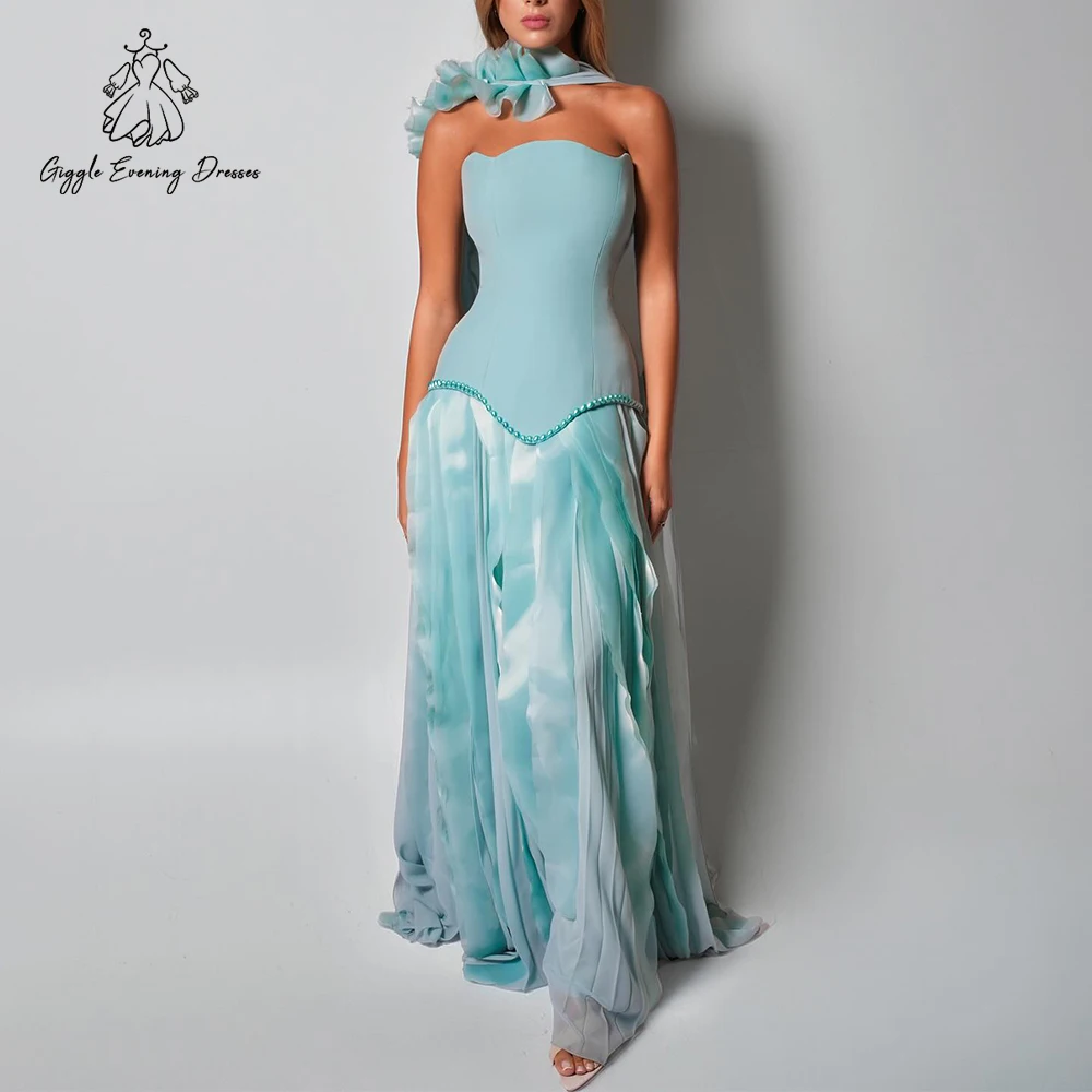 

Giggle Strapless A-Line Prom Dresses with Ruffle Scarf Sleeveless Pearl Evening Dress Draped Chiffon Party Gowns Customized