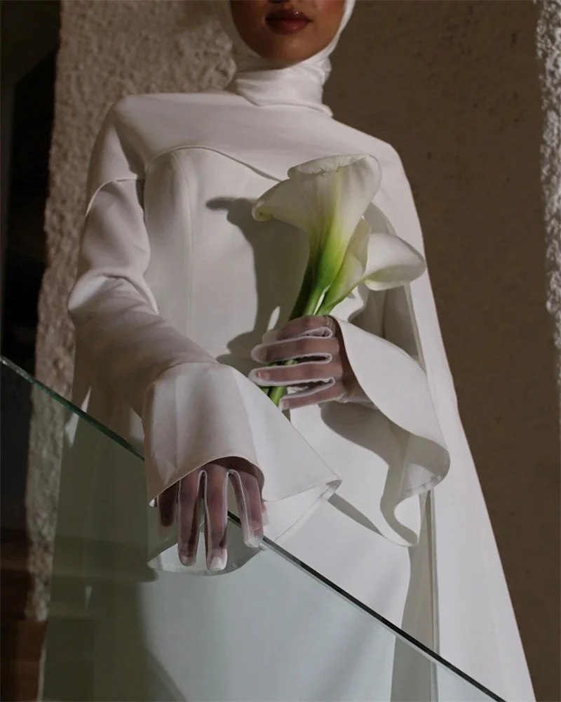 QICHE Customized Modest White Muslim Wedding Dresses with Cape Bride Dress Long Sleeves Woman Bride Civil Bridal Gowns