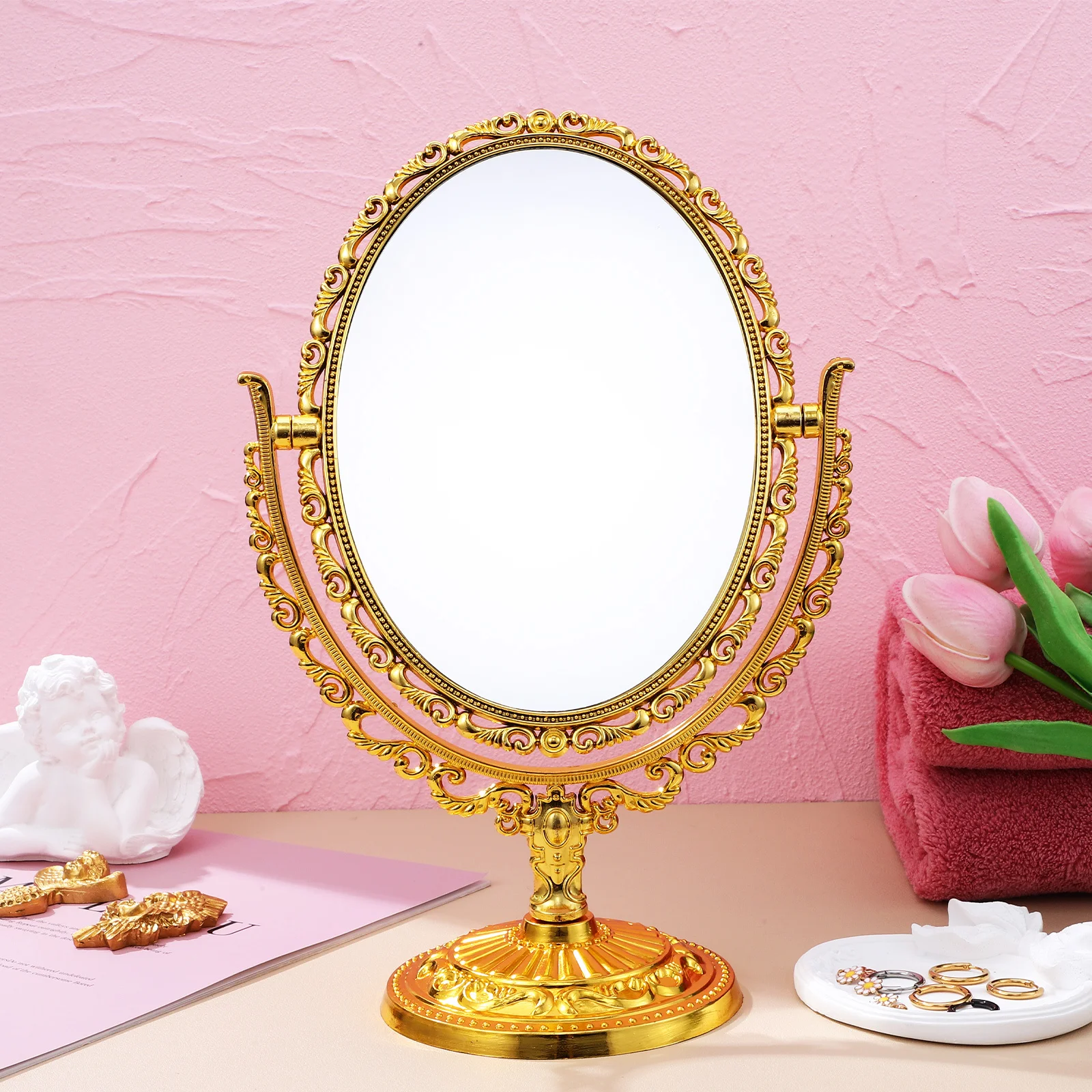 Espejo de maquillaje ovalado giratorio de doble cara, espejo de tocador de escritorio de estilo Vintage, espejos giratorios de mesa para dormitorio